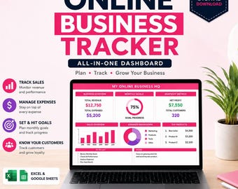 May include: An online business tracker dashboard displayed on a laptop screen. The interface features sections for business overview, monthly goals, sales, expenses, and customer metrics. Text includes "ONLINE BUSINESS TRACKER" and "EXCEL & GOOGLE SHEETS".