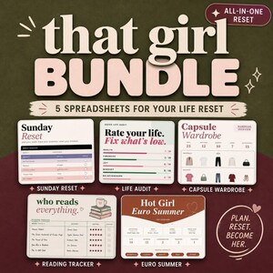 Op de afbeelding: Een digitaal pakket met vijf spreadsheets getiteld that girl BUNDLE, inclusief een Sunday Reset, Life Audit, Capsule Wardrobe, Reading Tracker en Euro Summer planner. Het ontwerp gebruikt een gedempt kleurenpalet met tekst en iconen.