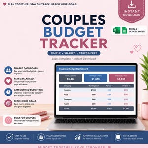 Op de afbeelding: Een digitale budgettracker-sjabloon voor koppels voor Excel en Google Sheets. Het scherm toont een dashboard met maandelijkse totalen, individuele bijdragen van partners en gecategoriseerde uitgaven. Tekst bevat Plan Together, Stay on Track, Reach Your Goals.