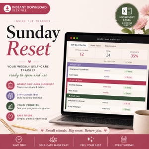 May include: A digital Sunday Reset weekly self-care tracker displayed on a laptop screen. The interface shows categories for hair, skin, and body care with ritual status checkboxes. Text includes Sunday Reset, Your Weekly Self-Care Tracker, and Small rituals. Big reset. Better you.