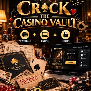 Op de afbeelding: Een Sevenwoods Crack the Casino Vault escape game set met geprinte onderzoeksdocumenten, een plattegrond van de kluis, speelkaarten en een laptop met een online code-invoerscherm. De set bevat casinofiches, dobbelstenen en een pen.