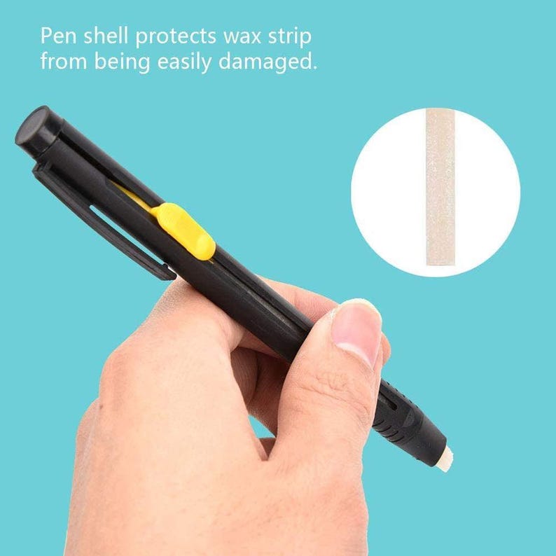 May include: A black pen-shaped tool with a yellow accent, designed to protect a wax strip. The text on the image reads: "Pen shell protects wax strip from being easily damaged."