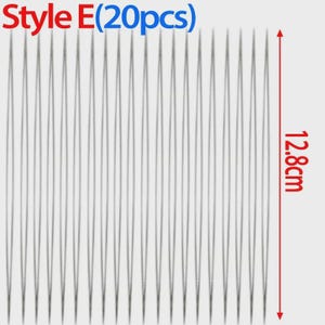May include: A set of 20 silver-colored needles labeled Style E, arranged in parallel vertical rows. A red vertical arrow with the text 12.8cm indicates the length of the needles. The needles are thin, straight, and pointed at both ends.