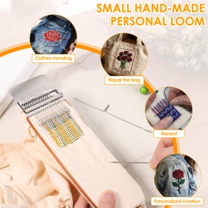 May include: A small hand-made personal loom tool with a metal head and wooden base, accompanied by a long metal needle. The image includes text labels: SMALL HAND-MADE PERSONAL LOOM, Clothes mending, Repair the bag, Blanket, and Personalized creation.
