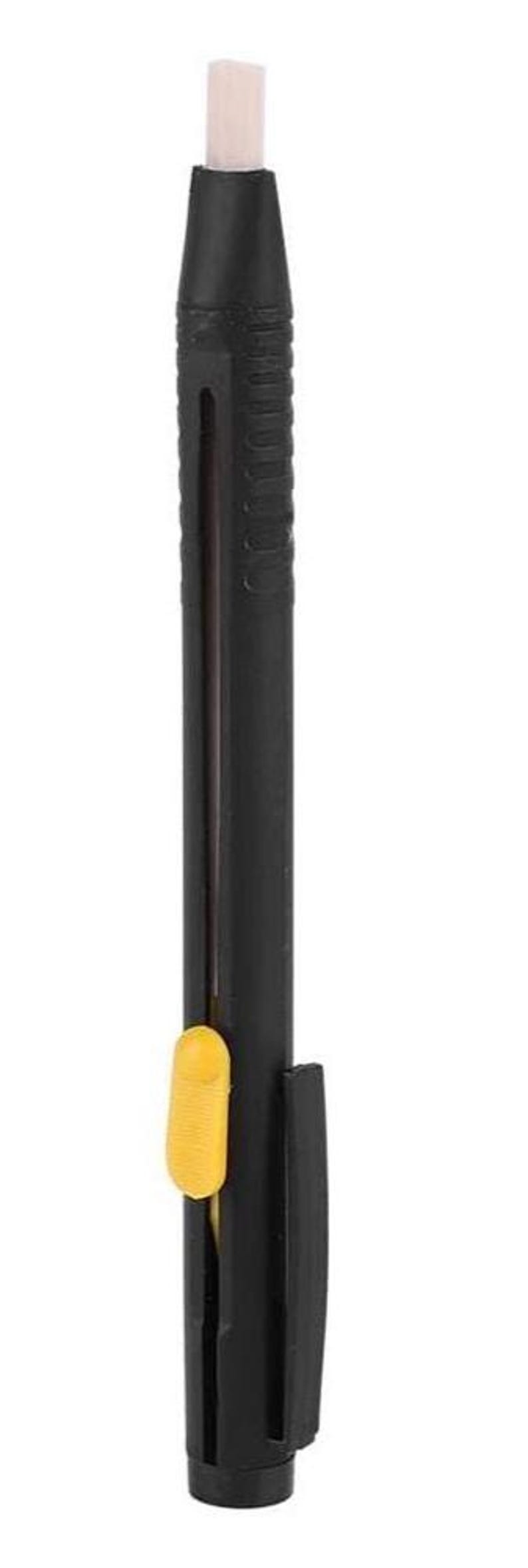 May include: A black pen-shaped eraser with a rectangular white eraser tip. The eraser has a yellow slider and a ridged grip for control. The design is sleek and functional, suitable for artists and students.