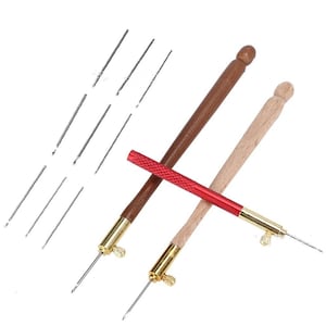 May include: Two embroidery punch needles with wooden handles, one dark brown and one light tan, featuring gold-toned metal ferrules and adjustable screws. A red metal handle with a textured grip and six thin metal needles are included.