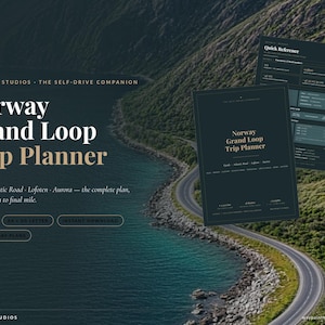 以下が含まれることがあります： Waypoint StudiosによるデジタルNorway Grand Loop Trip Plannerドキュメント。ダークグリーンのページには、タイトル、クイックリファレンスガイド、A4およびUSレター形式の7日間、10日間、14日間のプランの詳細が、白と金の文字で記載されています。