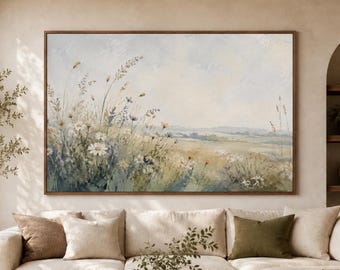 Pintura a óleo de um prado de flores silvestres, pintada à mão, paisagem floral neutra em tela, pintura a óleo em estilo impasto de um campo de flores silvestres.