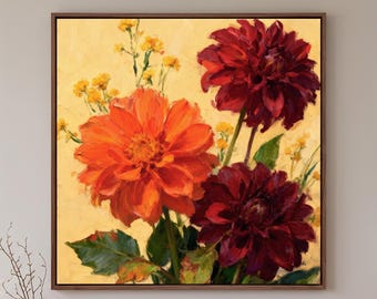 Dipinto ad olio a impasto di fiori, dipinto ad olio di dalie dipinto a mano, quadro su tela con fiori in stile impressionista, quadro botanico vintage da parete