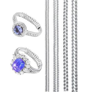 May include: Two silver rings with blue gemstones and a row of silver chains. One ring has a round blue gemstone surrounded by smaller clear stones. The other ring has a square blue gemstone with clear stones.