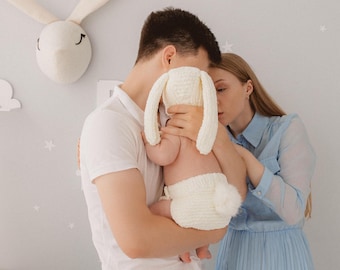 Newborn Bunny Outfit, Knitted Rabbit Costume, Infant Photography Prop, Handmade Ivory Easter