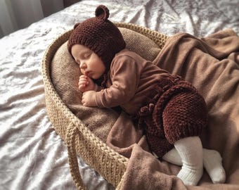 Strój dla noworodka, kostium misia z czekolady robionego na szydełku, pluszowe spodenki z uszami, rekwizyt do fotografii dziecięcej