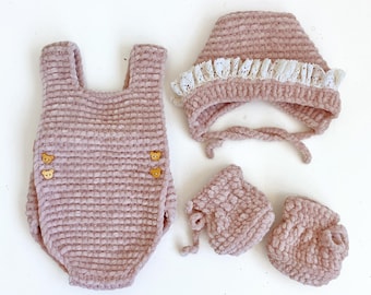 Handgemaakte gehaakte babyset - pluche newborn romper, zacht chenillecadeau - Coming Home-outfit boho