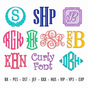 May include: A collection of twelve embroidered monogram designs in various colors and fonts, including circular, square, and hexagonal frames. The text 'Curly Font' is centered, and the bottom lists file formats: BX, PES, DST, JEF, XXX, HUS, VIP, VP3, EXP.