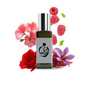 May include: A dark green perfume bottle with a silver cap and a white label featuring a black design. The bottle is surrounded by red raspberries, pink flowers, a red rose, a purple flower, and saffron.
