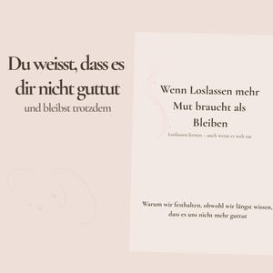 Könnte beinhalten: Hellbeiger Hintergrund mit deutschem Text in einer dunkelbraunen Serifenschrift. Der Text enthält Sätze über das Loslassen und Bleiben, mit Fokus auf emotionales Wohlbefinden und Selbstbewusstsein. Das Gesamtthema ist motivierend.