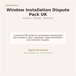 May include: A digital download titled "Window Installation Dispute Pack UK" with text that reads "Evidence, Strategy, Resolution." The guide is for homeowners dealing with window or door installation issues. The text "Digital Download" is also present.