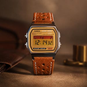 以下が含まれることがあります： シルバーの長方形ケースとイエローの文字盤を備えたデジタル腕時計。ディスプレイには12時14分と日付TH 2が表示されています。パンチング加工が施されたブラウンのレザーベルトと白いステッチが特徴で、CASIO ALARM CHRONOと印字されています。