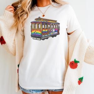 San Francisco Pride Cable Car Graphic T-Shirt, Rainbow Trans Progress Flags, Queer Ally Apparel