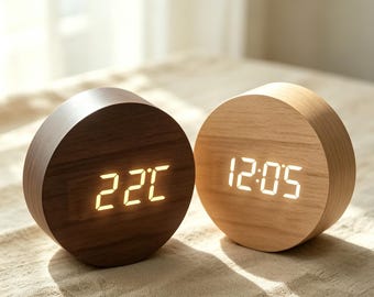 Round LED Wood Grain Clock: Silent Temperature Display Japandi Scandi Decor