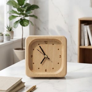May include: A square wooden clock with rounded corners. The clock face is light-colored wood with black hands and dot hour markers. The number 12 is printed at the top. The clock sits on a white surface.