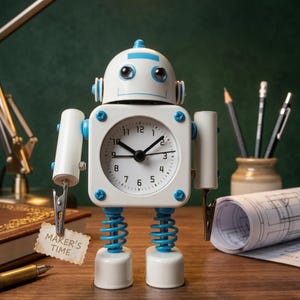 以下が含まれることがあります： 白と青のロボット型時計。正方形の文字盤には時間が表示されています。ロボットは丸い頭、円筒形のアーム、バネの脚を持っています。 「MAKER'S TIME」と書かれた小さな看板を持っています。