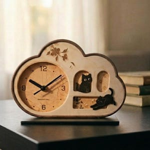 Ebony Maple Cat Desk Clock: Silent Animal Table Timepiece Kitten Nursery Decor