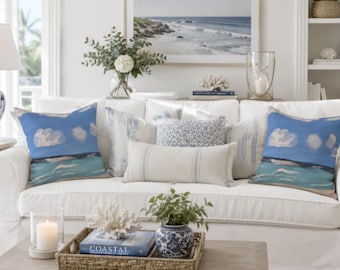 Cuscino decorativo con scena di spiaggia costiera degli Hamptons – Cuscino decorativo con onde oceaniche, comodo, per la casa delle vacanze e la casa al mare.