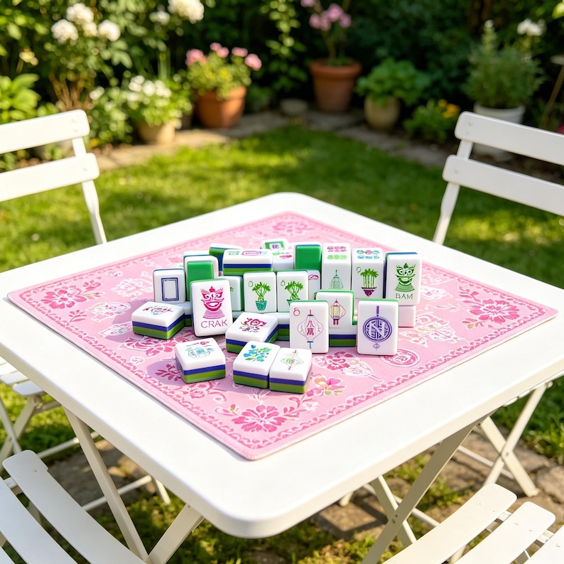 May include: A set of white Mahjong tiles with green and purple graphic designs, including symbols, bamboo, and characters, arranged on a square pink floral patterned mat. The tiles feature various illustrations like lanterns and dragons.