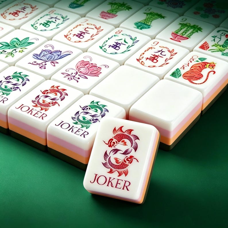 May include: A set of rectangular mahjong tiles with white faces and multi-layered sides in pink, orange, and dark brown. The tiles feature colorful illustrations of flowers, bamboo, dragons, and tigers, with several tiles labeled JOKER in red text.