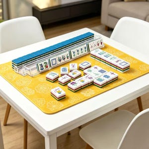 Puede incluir: Un juego de Mahjong con fichas blancas de s&iacute;mbolos coloridos y reverso verde, dispuesto sobre una alfombrilla amarilla con estampado floral. El set incluye un soporte de pl&aacute;stico transparente con una fila de fichas y otras apiladas.