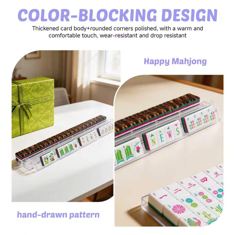 May include: A set of Mahjong tiles featuring a color-blocking design with white faces and dark patterned backs. The tiles display various hand-drawn symbols, including the letters N, E, W, S, and floral motifs, arranged in clear plastic racks.
