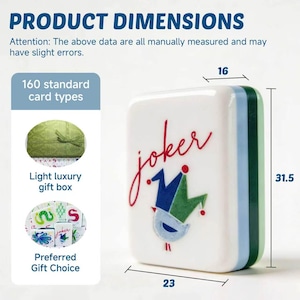 May include: A white mahjong tile featuring a red script 'joker' text and a colorful jester hat graphic. The tile has a layered side profile in light blue and dark green. Dimensions are 23 mm by 16 mm by 31.5 mm. Includes 160 standard card types.