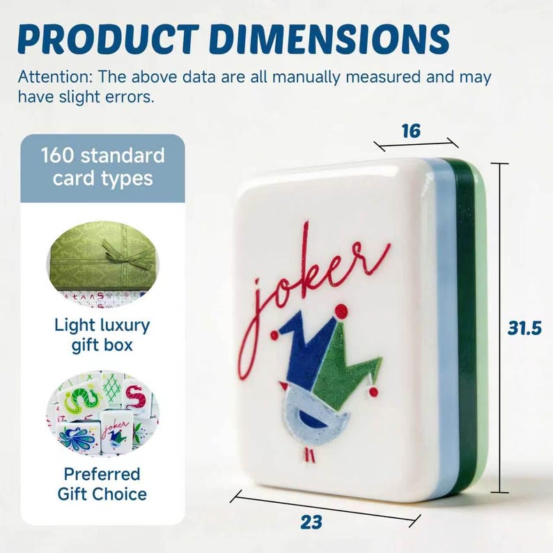 May include: A white mahjong tile featuring a red script 'joker' text and a colorful jester hat graphic. The tile has a layered side profile in light blue and dark green. Dimensions are 23 mm by 16 mm by 31.5 mm. Includes 160 standard card types.