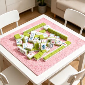 May include: A set of white and light green mahjong tiles with various blue, red, and green symbols and characters, arranged on a pink patterned square mat. The tiles feature traditional markings including numbers, suits, and floral designs.