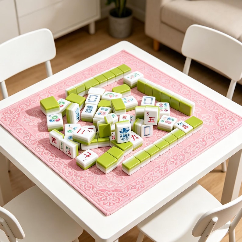 May include: A set of white and light green mahjong tiles with various blue, red, and green symbols and characters, arranged on a pink patterned square mat. The tiles feature traditional markings including numbers, suits, and floral designs.