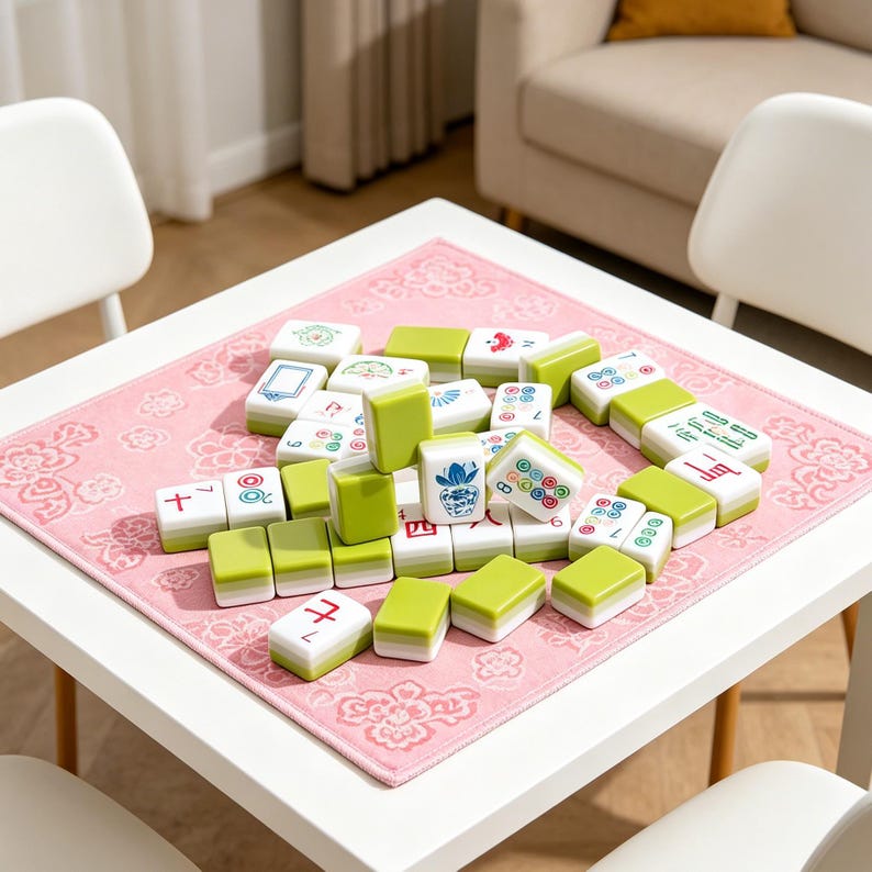 May include: A set of mahjong tiles with white faces and lime green backs, featuring various colorful symbols and illustrations, arranged on a square pink mat with a white floral pattern, placed on a white table with four white chairs.