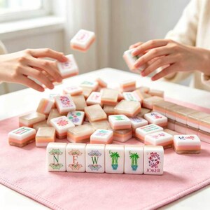 May include: A collection of rectangular Mahjong tiles with white faces and pinkish-orange backs. The front row displays tiles with green floral designs, the letters N, E, W, and the word JOKER in pink. Other tiles are scattered across a pink mat.