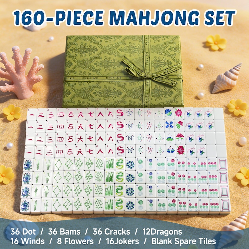 May include: A 160-piece Mahjong set featuring a green patterned storage box with a ribbon and white tiles with colorful symbols, including dots, bams, cracks, dragons, winds, flowers, and jokers, arranged in rows on a sandy surface.