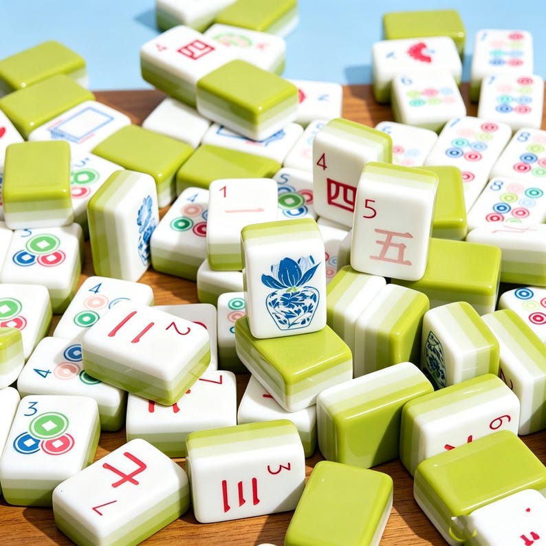 May include: A collection of mahjong tiles featuring white faces with red, blue, and green ink designs, including numbers, symbols, and floral patterns, paired with solid light green backs, scattered across a wooden surface.