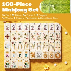 Op de afbeelding: Een 160-delige Mahjong-set met witte tegels voorzien van kleurrijke, gedetailleerde ontwerpen zoals cijfers, symbolen, draken, winden, bloemen en jokers. De set bevat 36 stippen, 36 bamboes, 36 karakters, 12 draken, 16 winden, 8 bloemen, 16 jokers en 6 blanco reserve-tegels, gepresenteerd met een groene opbergdoos.