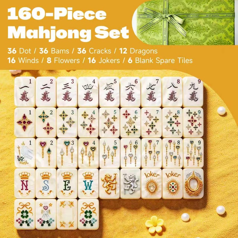 Op de afbeelding: Een 160-delige Mahjong-set met witte tegels voorzien van kleurrijke, gedetailleerde ontwerpen zoals cijfers, symbolen, draken, winden, bloemen en jokers. De set bevat 36 stippen, 36 bamboes, 36 karakters, 12 draken, 16 winden, 8 bloemen, 16 jokers en 6 blanco reserve-tegels, gepresenteerd met een groene opbergdoos.