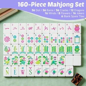 May include: A 160-piece Mahjong set featuring white tiles with colorful illustrations. The set includes dot, bam, crack, dragon, wind, flower, and joker tiles, along with blank spare tiles. Text on the image lists the specific tile counts.