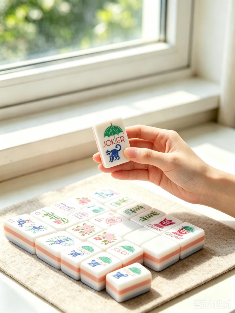 May include: A rectangular white mahjong tile featuring a green umbrella graphic, the word JOKER in red text, and a blue monkey illustration. The tile has a layered base with white, pink, and light blue stripes, matching other tiles arranged nearby.
