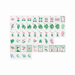 May include: A set of white mahjong tiles featuring colorful illustrations of seashells, tropical leaves, Chinese characters, flowers, and various summer-themed icons like flamingos, bikinis, and pineapples, with the word Joker printed on several tiles.