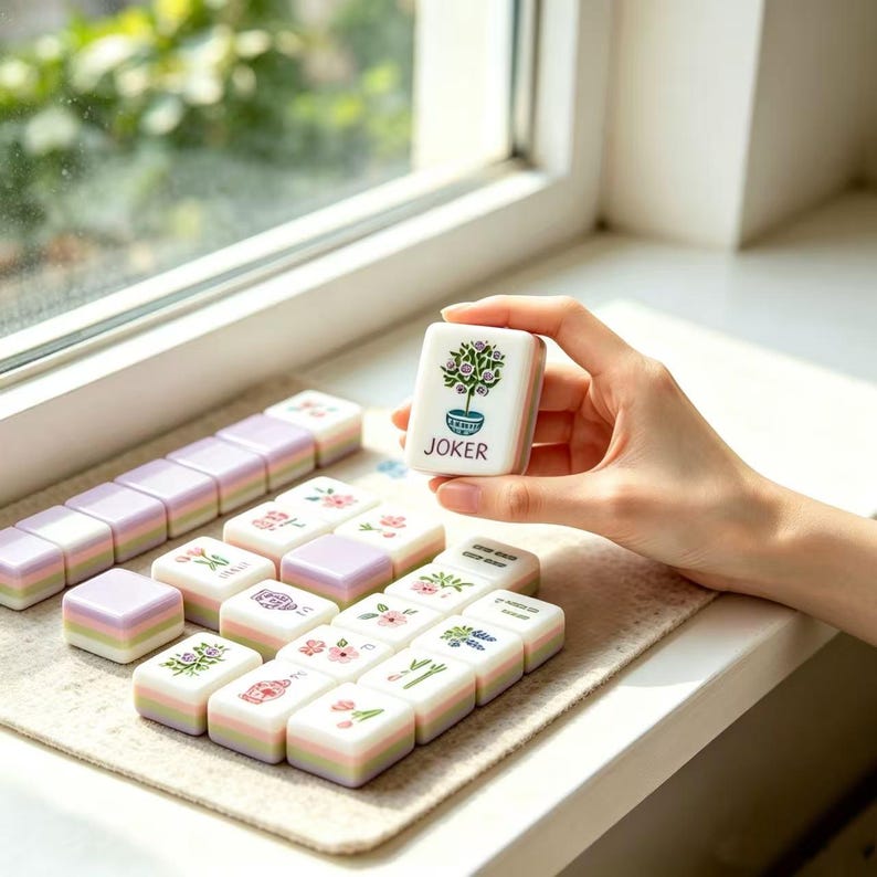 May include: A set of rectangular mahjong tiles with a layered pastel color scheme of white, pink, and green. Each tile features a unique floral illustration or symbol. One tile held up displays a potted plant graphic with the text JOKER printed below.