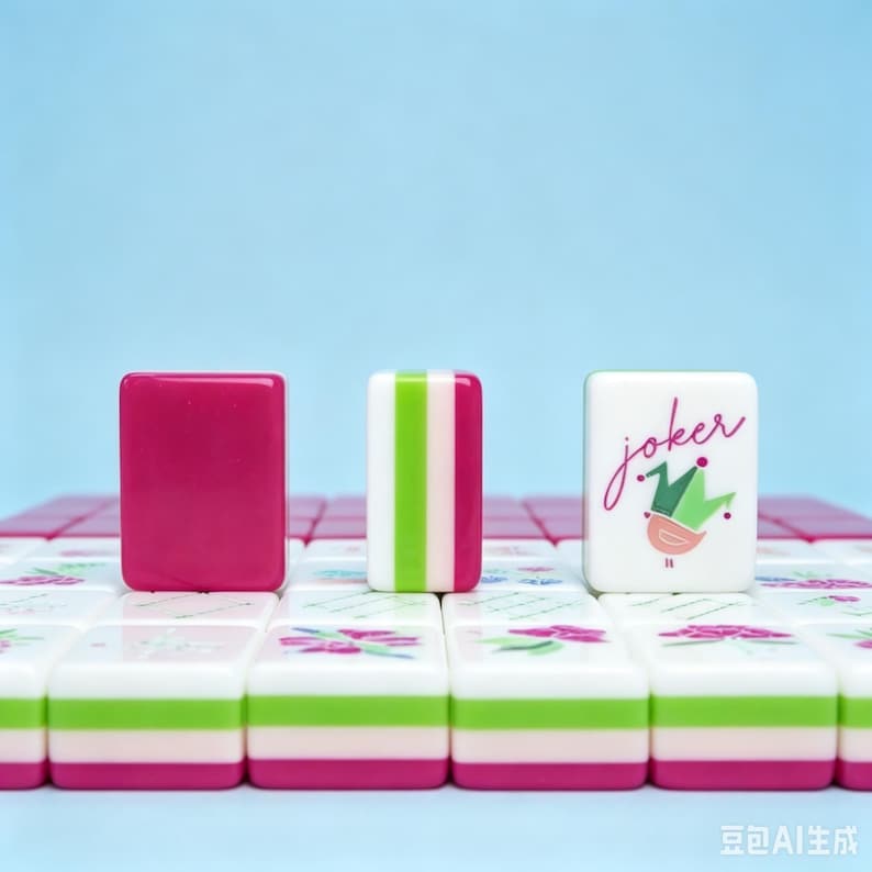 Puede incluir: Un conjunto de fichas de mahjong rectangulares con un dise&ntilde;o en capas blanco, verde y rosa. Una ficha es rosa s&oacute;lido, una tiene rayas verticales verdes y blancas, y otra presenta un gr&aacute;fico de un sombrero de buf&oacute;n con la palabra joker en cursiva.