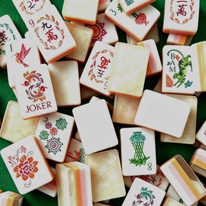 May include: A collection of rectangular mahjong tiles featuring a variety of designs including Chinese characters, a hummingbird, a joker with fish, a tiger, floral patterns, and green bamboo motifs, with some tiles showing blank white or marbled surfaces.