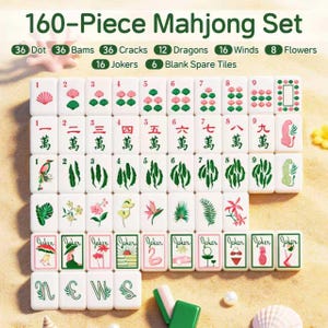 May include: A 160-piece Mahjong set featuring white tiles with colorful botanical and tropical illustrations. The set includes dots, bams, cracks, dragons, winds, flowers, and jokers, with specific tiles labeled with numbers and Chinese characters.