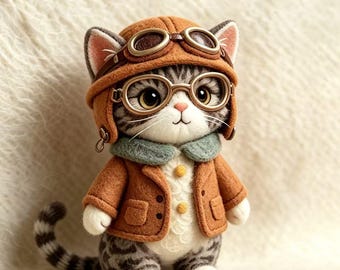 Handcrafted Wool Felt Aviator Cat Doll, Whimsical Tabby Toy, Vintage Charm Miniature